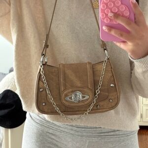 Vivienne Westwood Brown Suede Shoulder Bag with Silver Chain